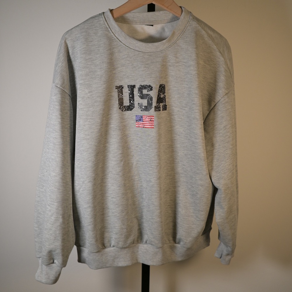 Shein USA Flag Graphic Sweatshirt Womens L Gray Distressed Oversized Pullover